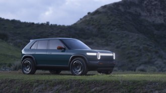 The Rivian R3X seen from a front quarter angle