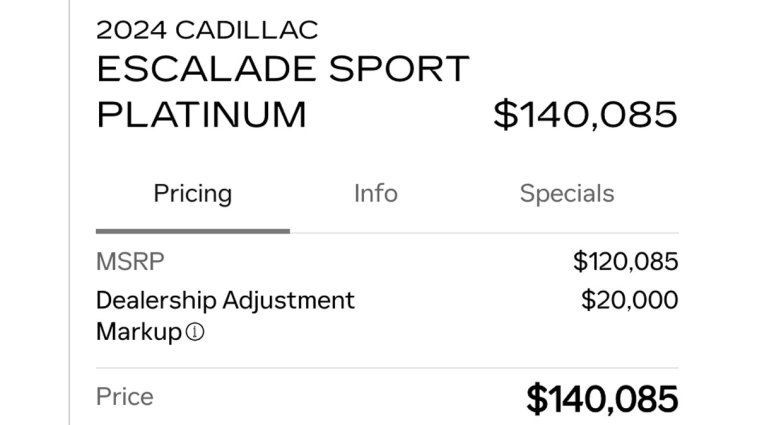 Cadillac markup from Florida example in March 2024