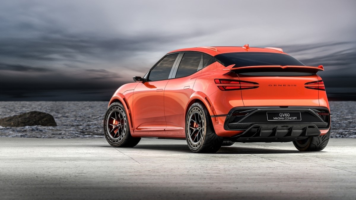 The Genesis GV60 Magma concept seen from a rear quarter angle