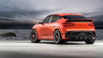 The Genesis GV60 Magma concept seen from a rear quarter angle