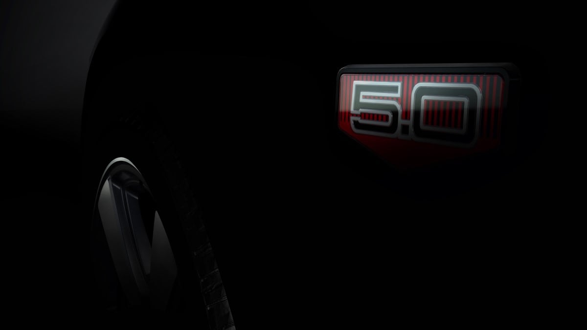 A teaser photo showing a 60th anniversary Ford Mustang badge
