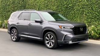 2024 Honda Pilot Elite in grey with green ivy in the background.