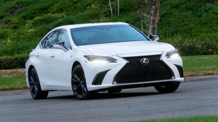 2024 Lexus ES 300h in white with green bushes in the background.