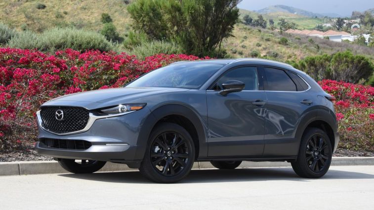 مازدا CX-30 2024 باللون الرمادي مع زهور وشجيرات في الخلفية.