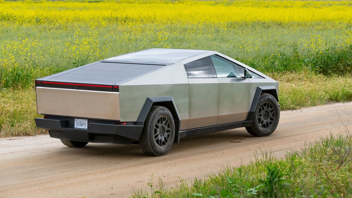 2024 Tesla Cybertruck on a dirt road with flowers in the background.