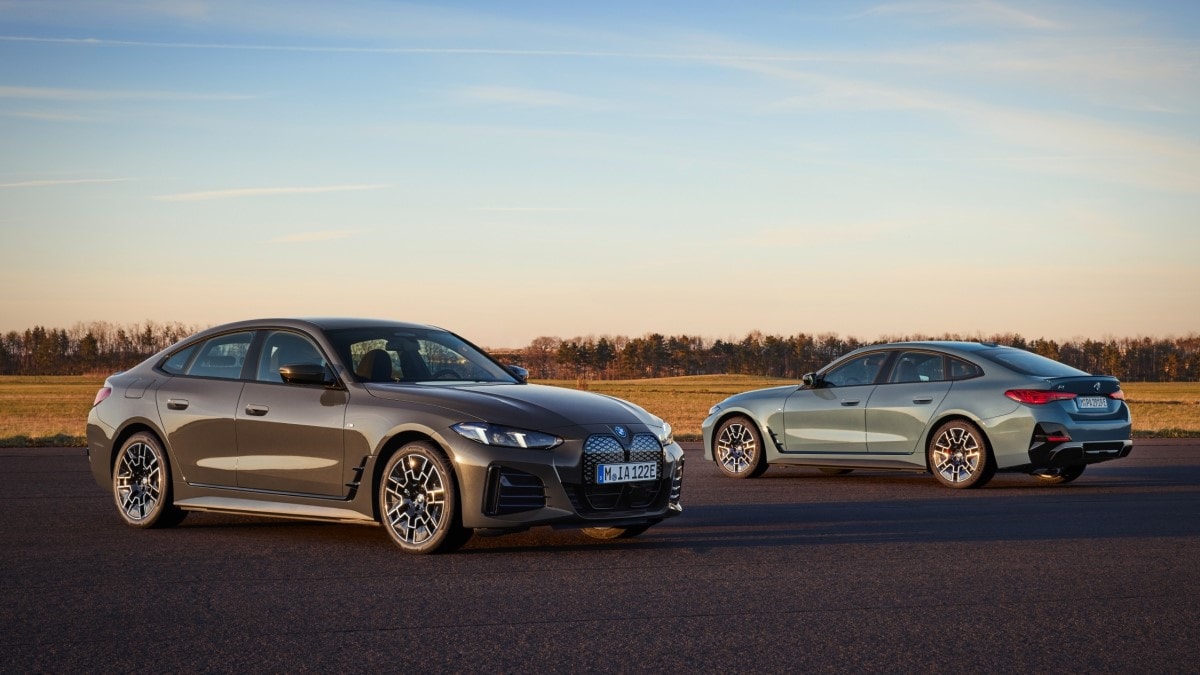 The 2025 BMW i4 seen from front and rear quarter angles