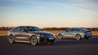 The 2025 BMW i4 seen from front and rear quarter angles