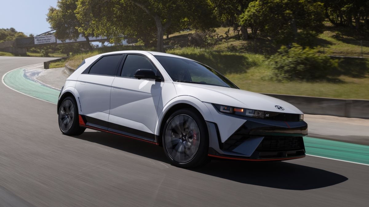 Front view of the 2025 Hyundai Ioniq 5 N in white at Laguna Seca raceway