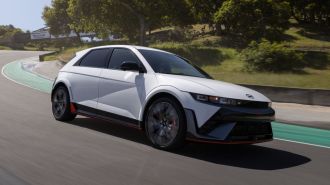 Front view of the 2025 Hyundai Ioniq 5 N in white at Laguna Seca raceway