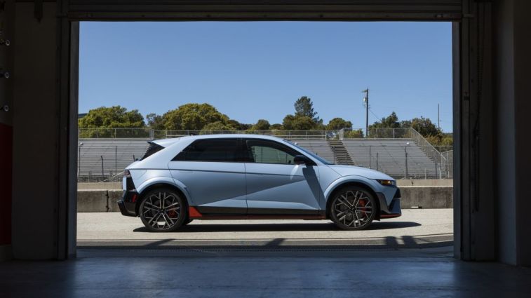 Side view of the 2025 Hyundai Ioniq 5 N in blue at Laguna Seca raceway