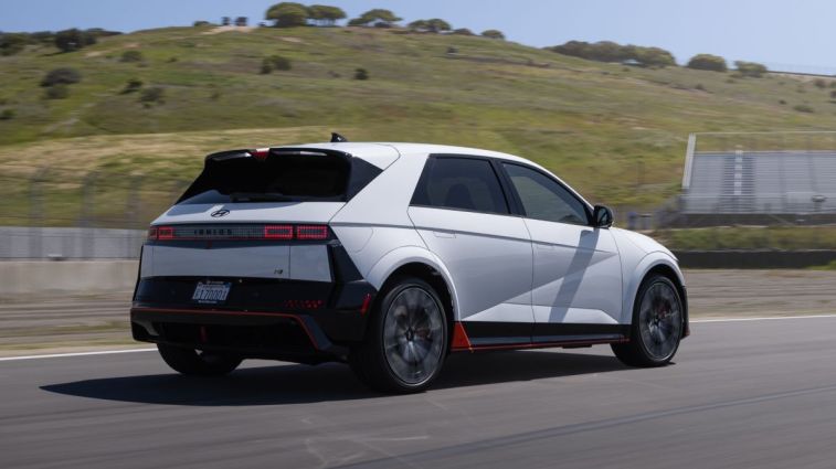 Rear view of the 2025 Hyundai Ioniq 5 N in white at Laguna Seca raceway