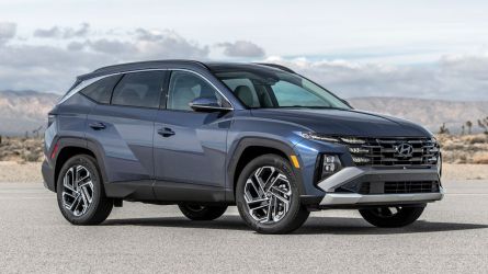 The 2025 Hyundai Tucson seen from a front quarter angle.