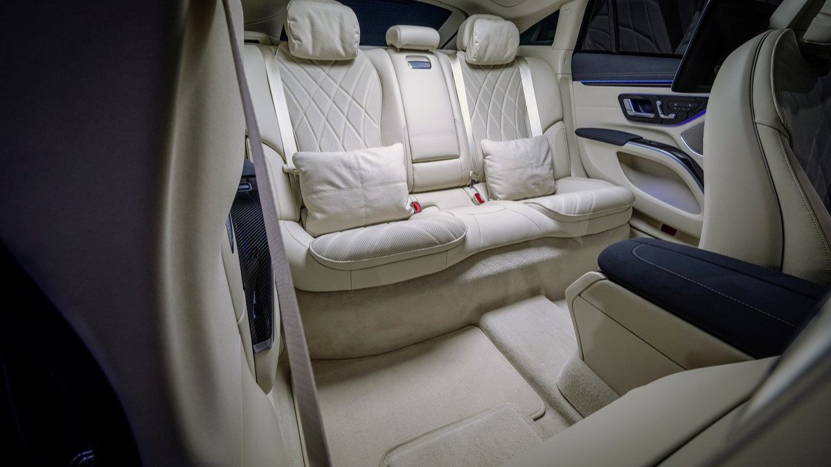 The rear seats of the 2025 Mercedes-Benz EQS sedan
