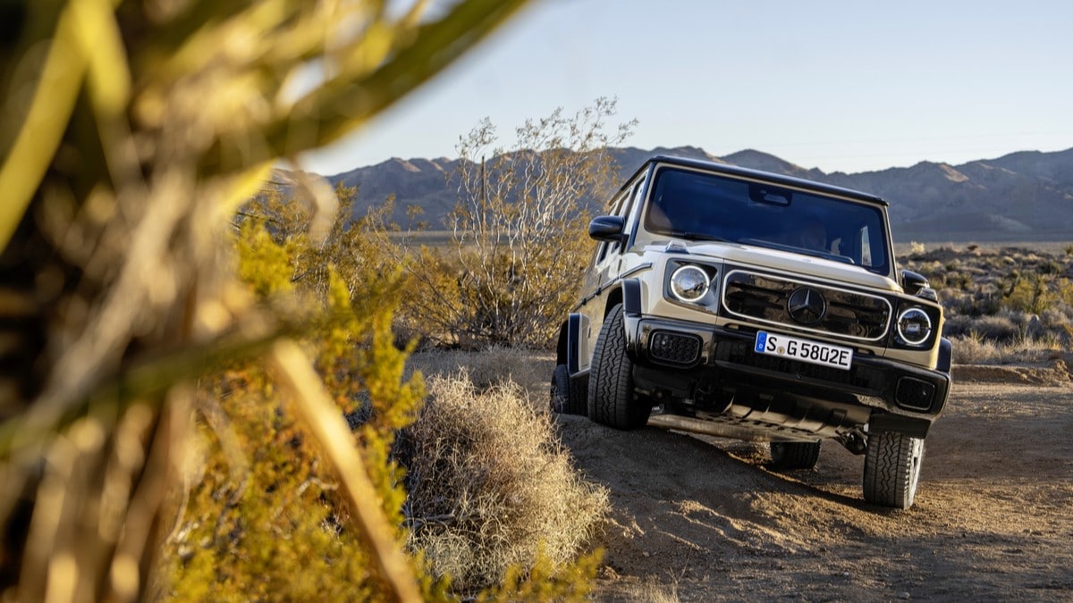 The 2025 Mercedes-Benz G 580 with EQ Technology seen from head-on off-road