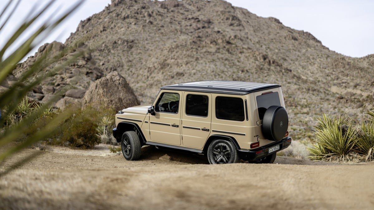 The 2025 Mercedes-Benz G 580 with EQ Technology seen in profile, off-road