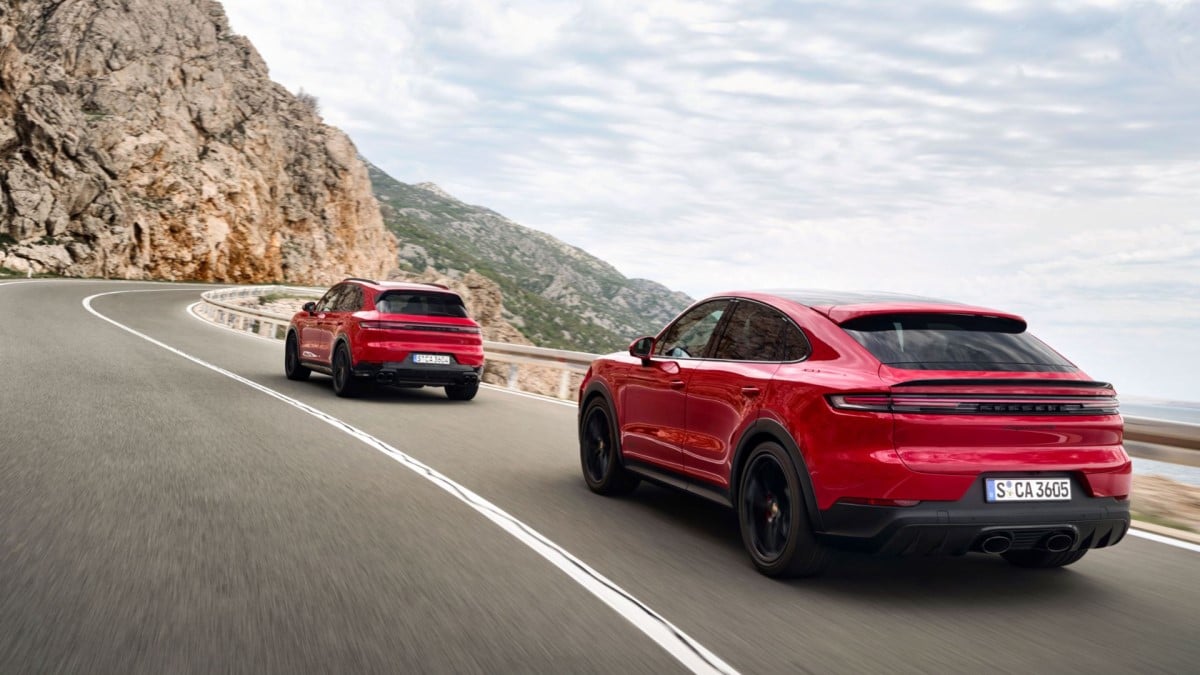 The 2025 Porsche Cayenne GTS, SUV and SUV Coupe models, seen from a rear quarter angle