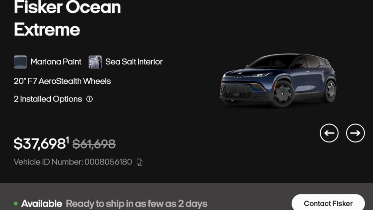A screenshot from the Fisker website showing severe price cuts