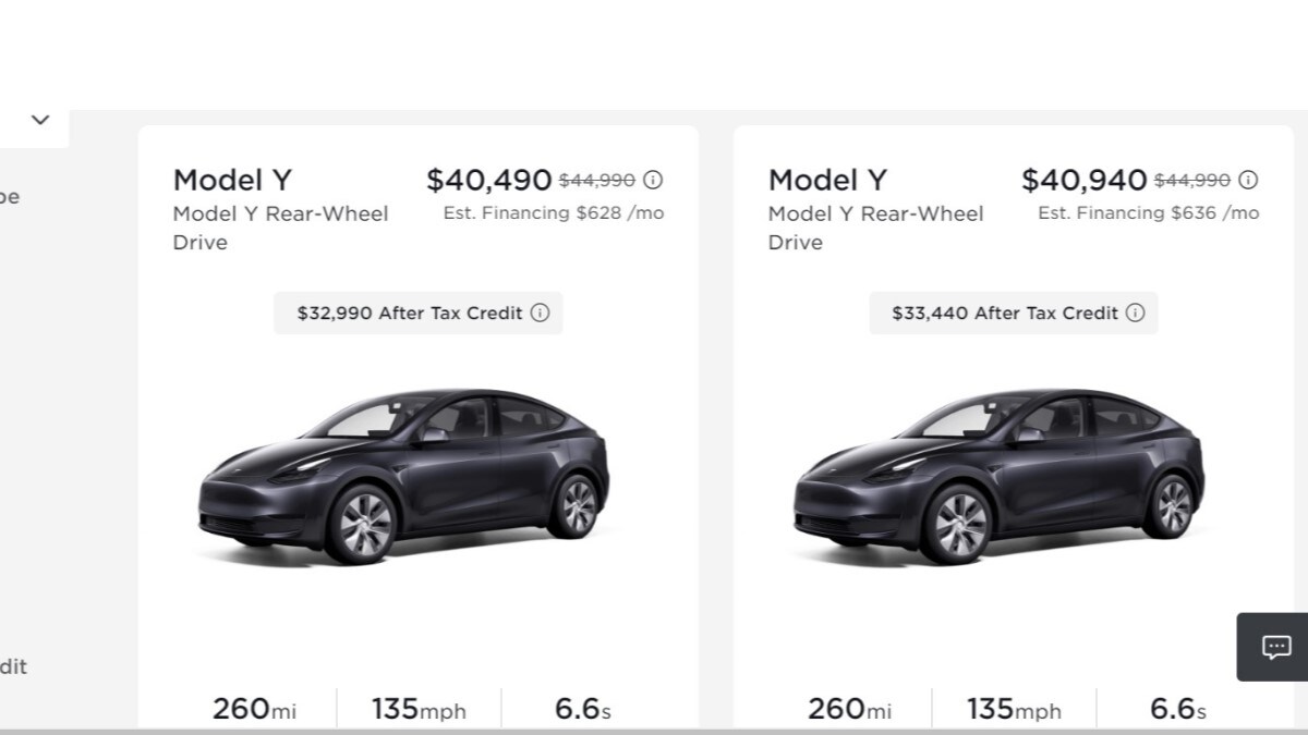 Tesla Model Ys posted on the company's website with discounts
