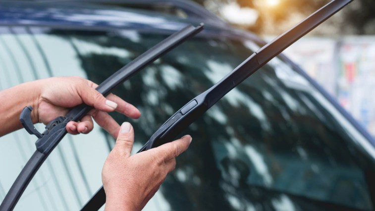A person comparing wiper blades.