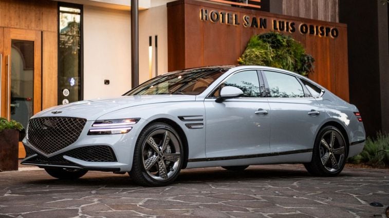 2024 Genesis G80 parked in front of a hotel.
