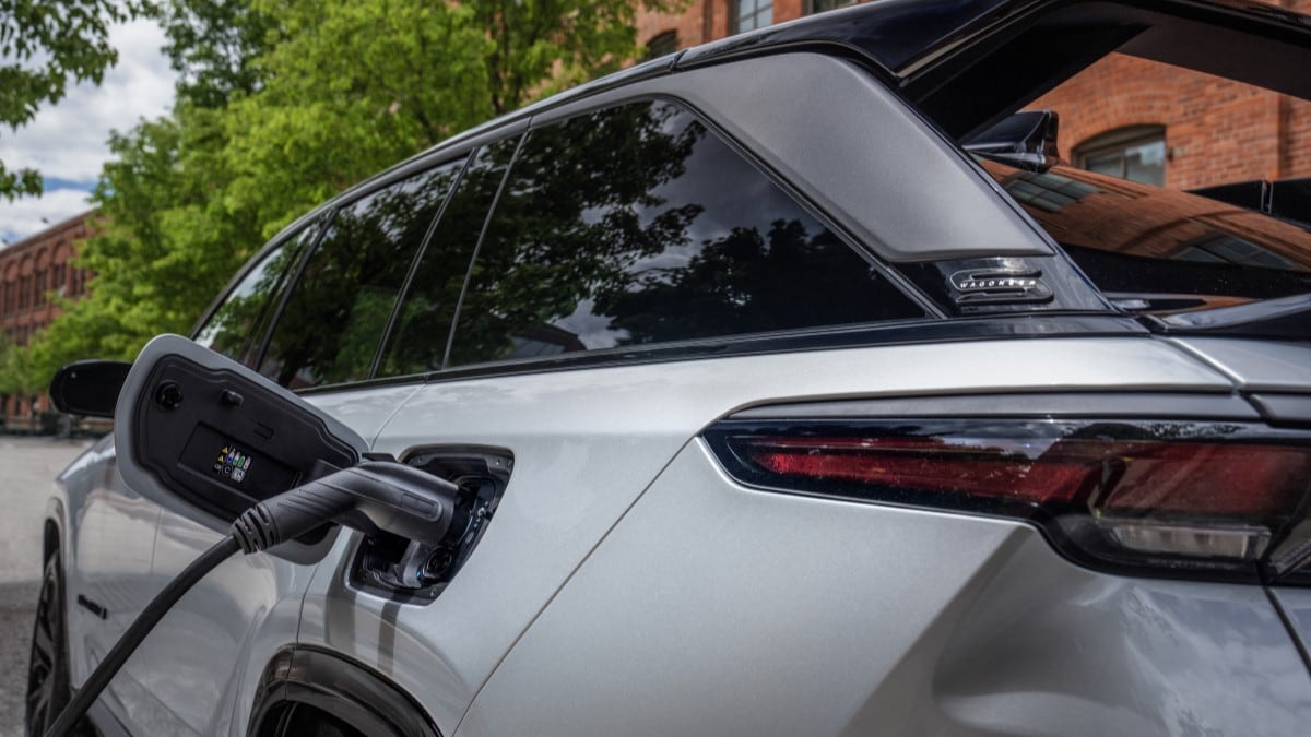 The charging port and large rear wing of the 2024 Jeep Wagoneer S