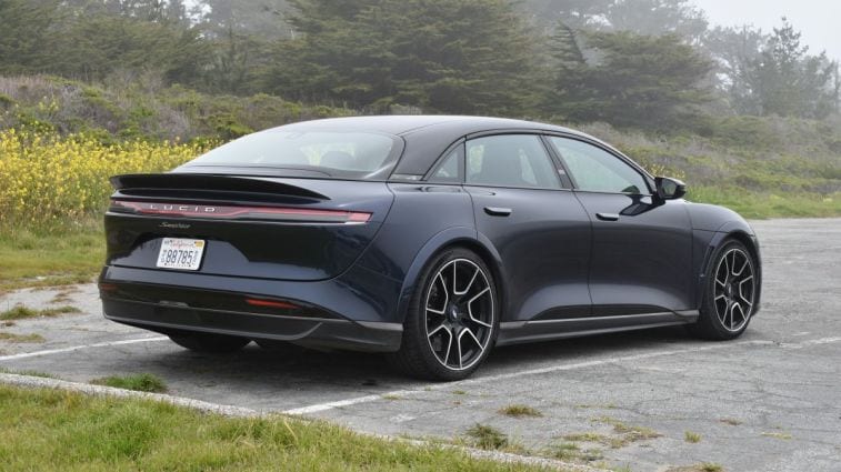 Rear view of the 2024 Lucid Air Sapphire in blue