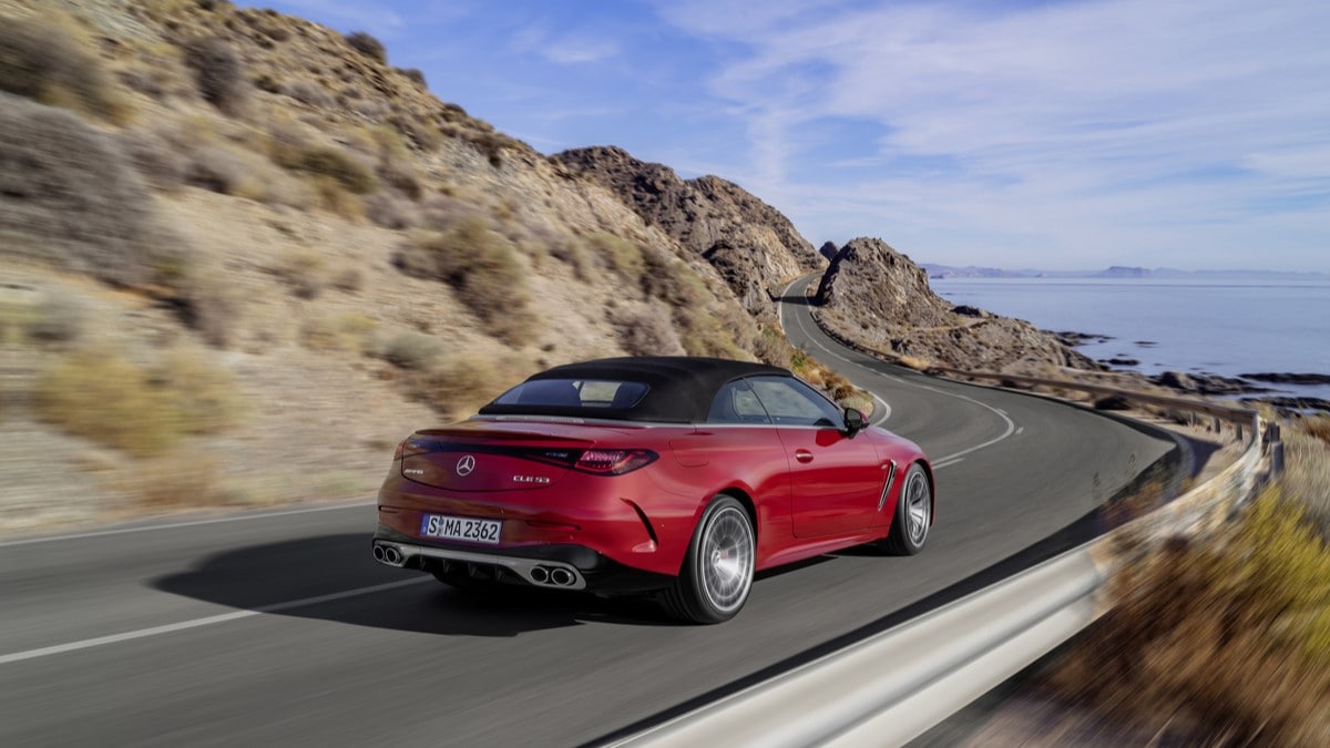 The 2025 Mercedes-AMG CLA 53 seen from a rear quarter angle
