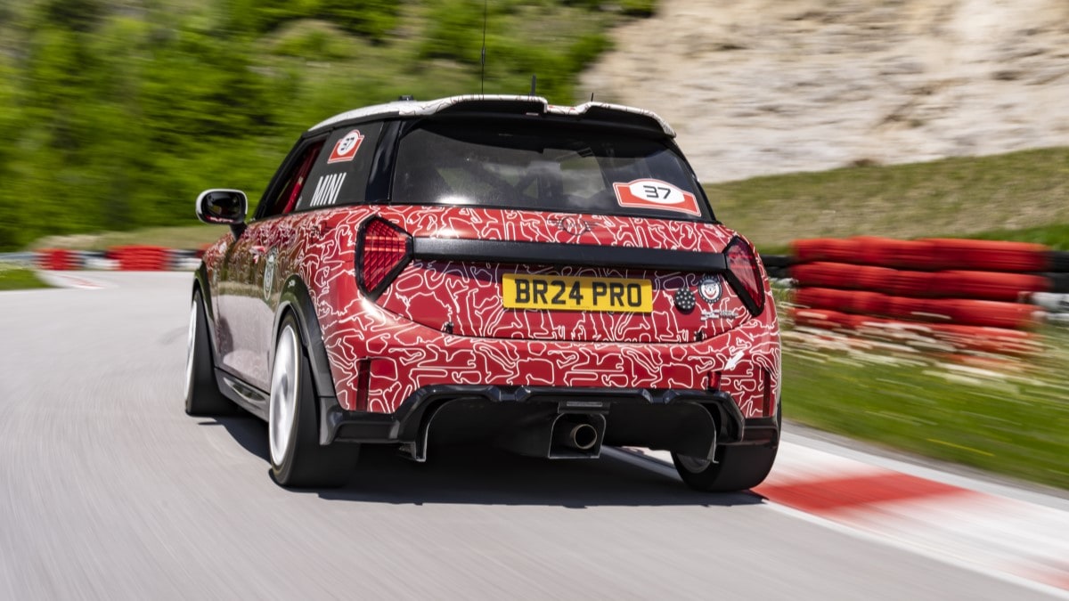 The 2025 Mini Cooper JCW in camouflage seen from the rear