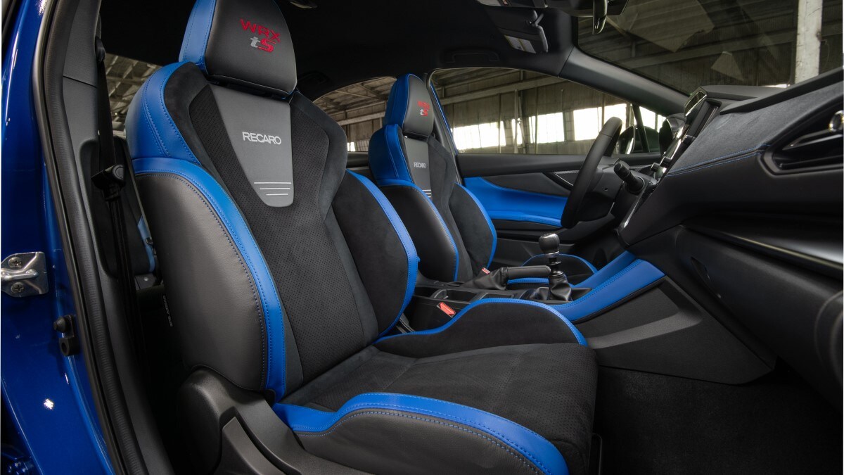 The interior of the 2025 Subaru WRX tS with its Recaro racing seats