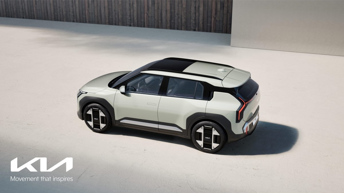 The 2026 Kia EV3 seen from a rear overhead angle