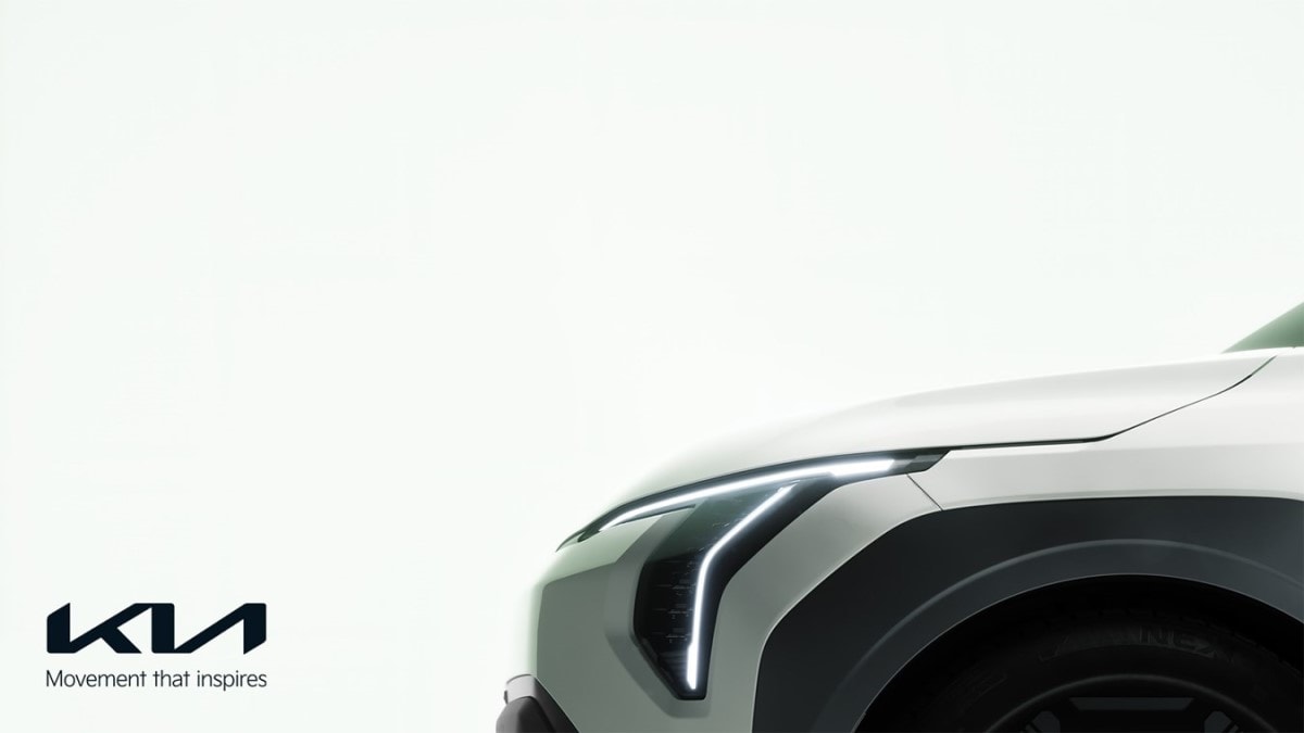 A teaser photo showing the 2026 Kia EV3's front lights