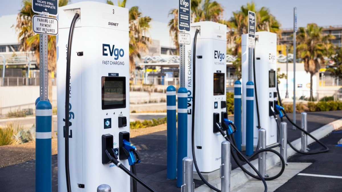 A line of electric vehicle (EV) chargers from EVgo