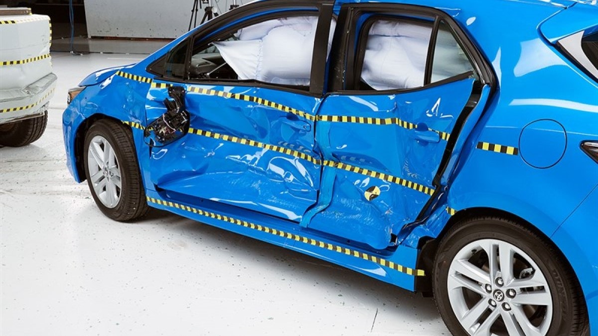 A 2023 Toyota Corolla after side impact crash testing by the Insurance Institute for Highway Safety