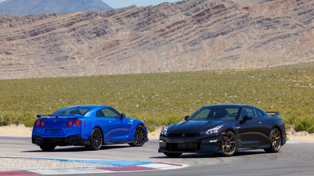 The 2024 Nissan GT-R Skyline (left) and T-Spec Takumi (right) Special Editions seen side by side