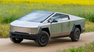 2024 Tesla Cybertruck on a dirt road with grass and flowers in the background.