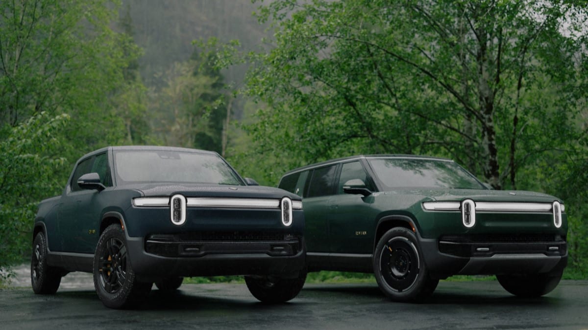 The 2025 Rivian R1T and R1S seen from a front quarter angle
