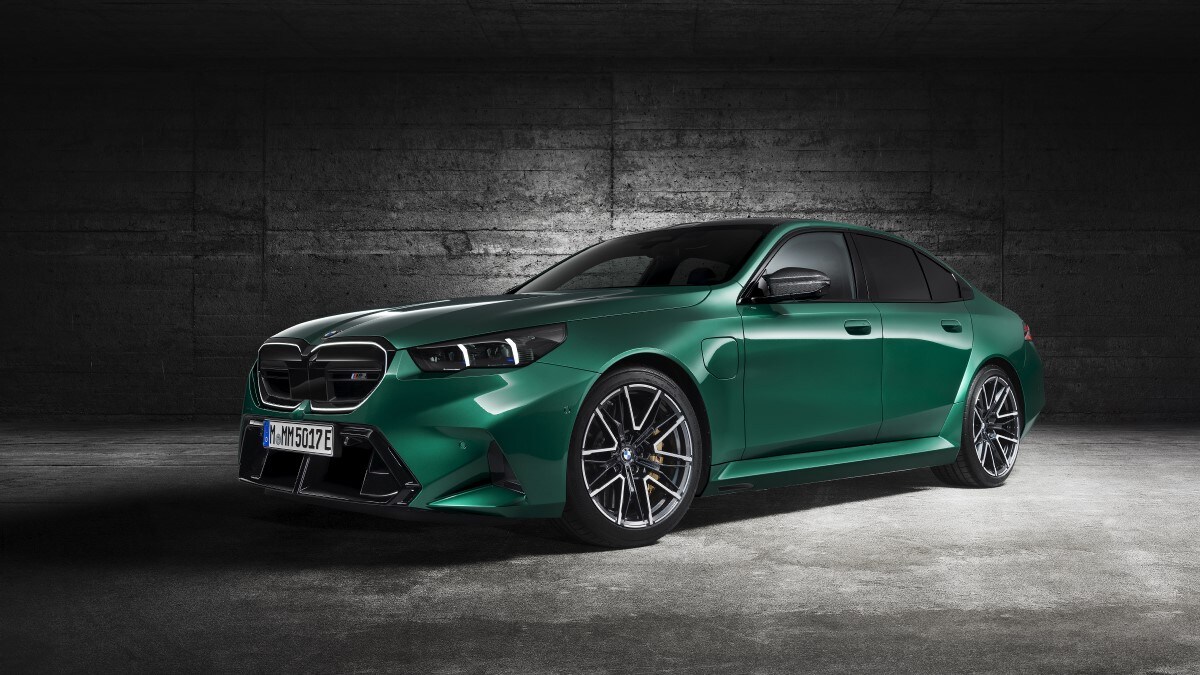 The 2025 BMW M5 seen from a front quarter angle