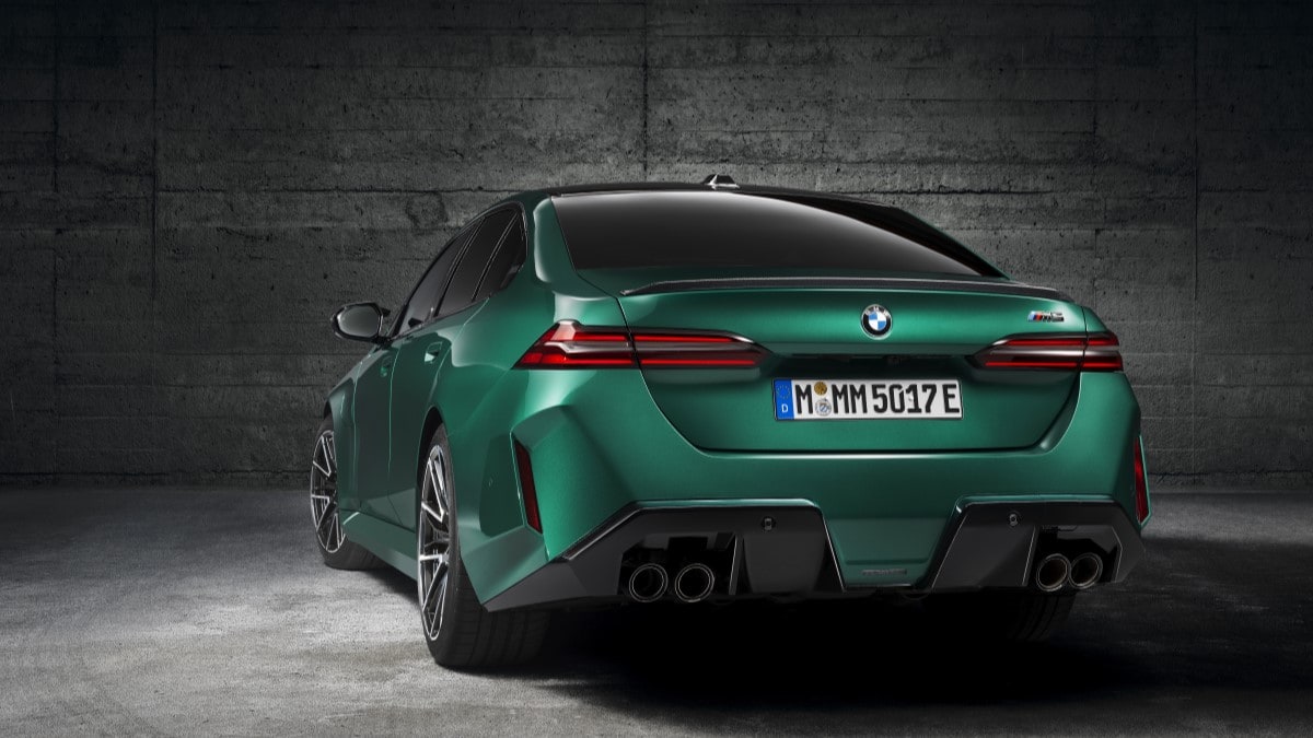 The 2025 BMW M5 seen from a rear quarter angle
