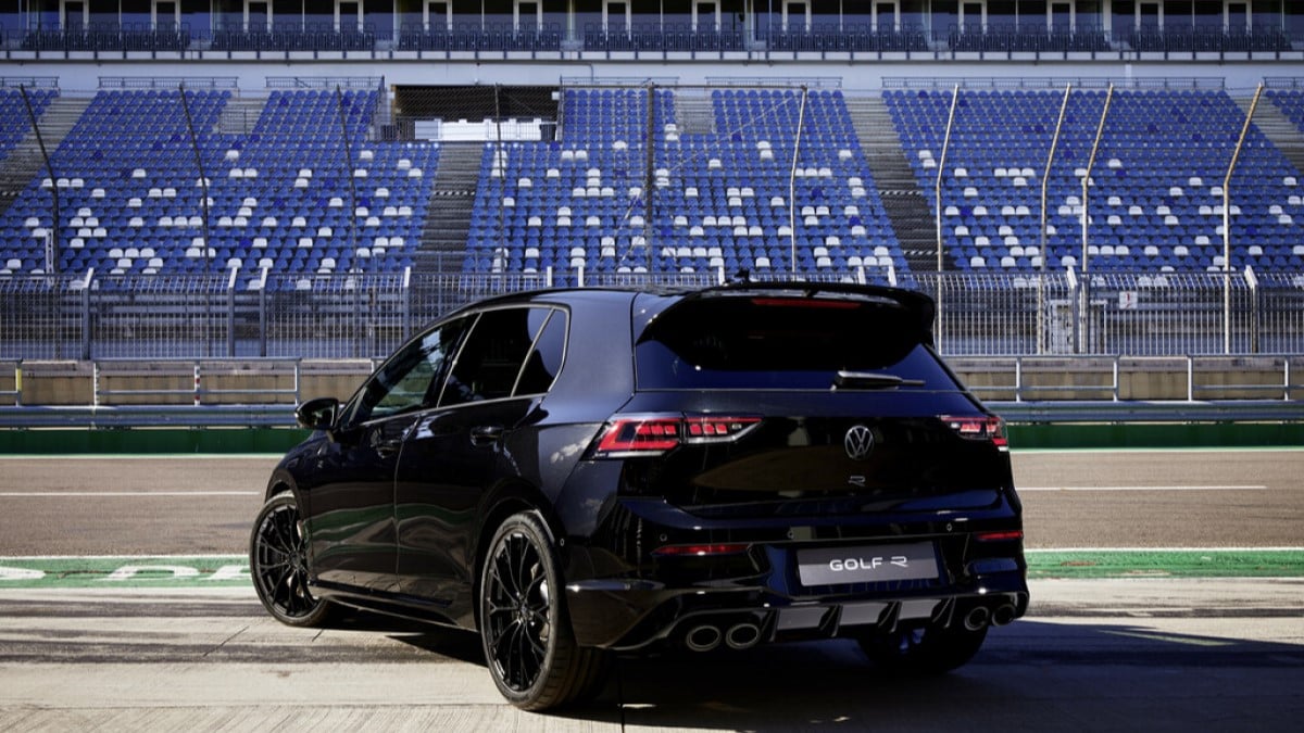 The 2025 Volkswagen Golf R seen from a rear quarter angle
