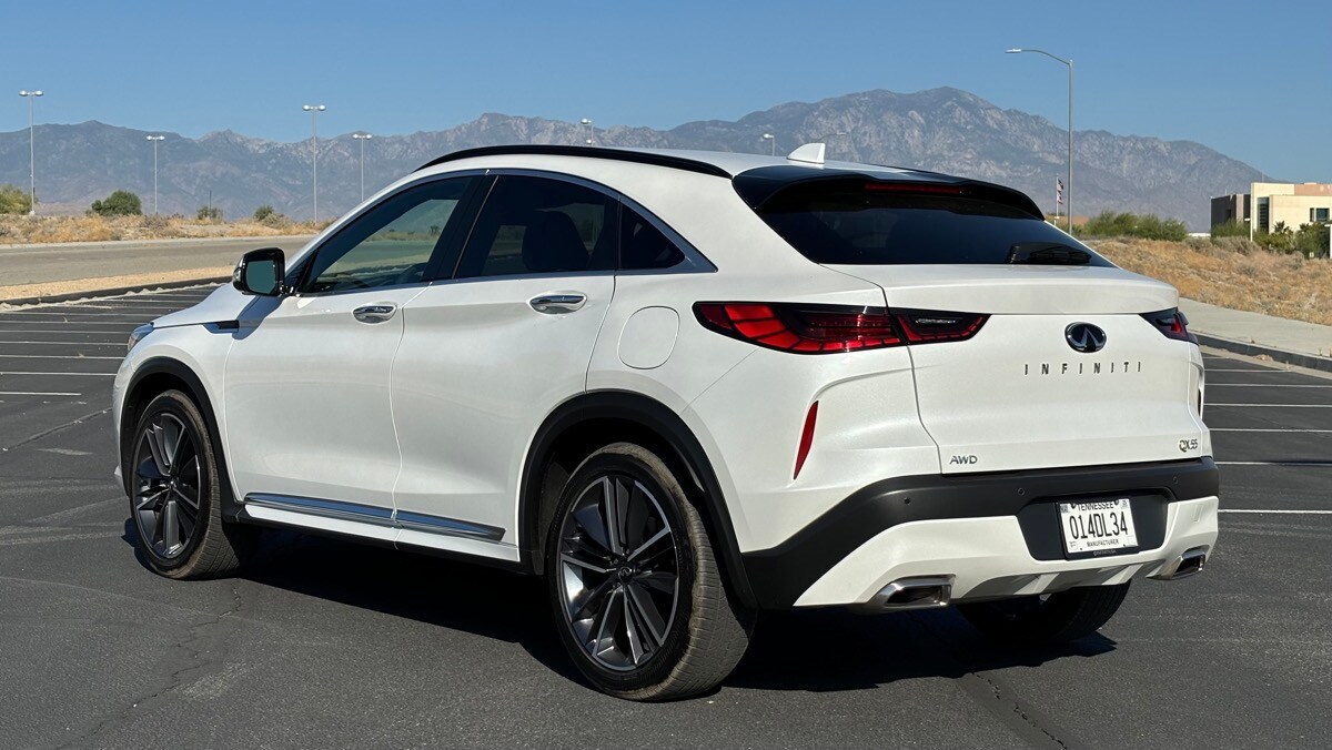 Rear view of the 2024 Infiniti QX55 Sensory AWD in Radiant White with a bottom-line sticker price of $62,725