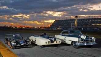 Le Monstre (center) and Petit Pataud (right), two historically important Cadillac race cars, alongside a modern Cadillac Le Mans racer in 2019
