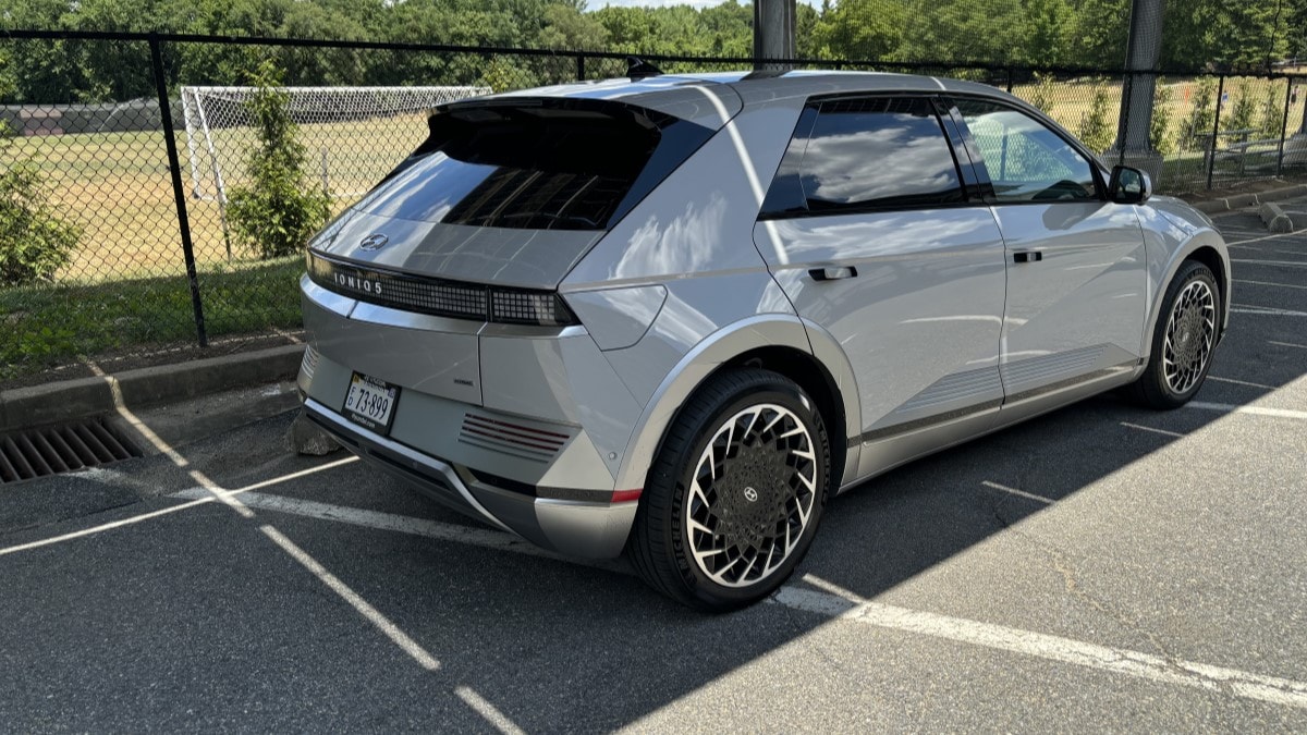 The 2025 Hyundai Ioniq 5 seen from a rear quarter angle