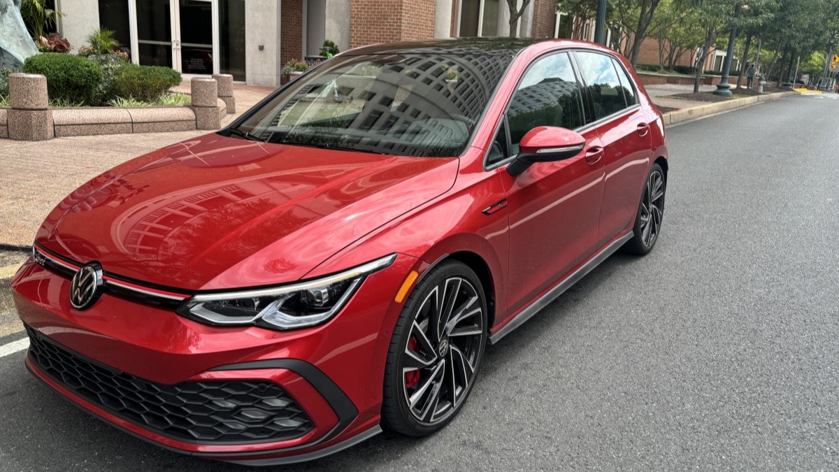 The 2024 Volkswagen Golf GTI seen from a front quarter angle