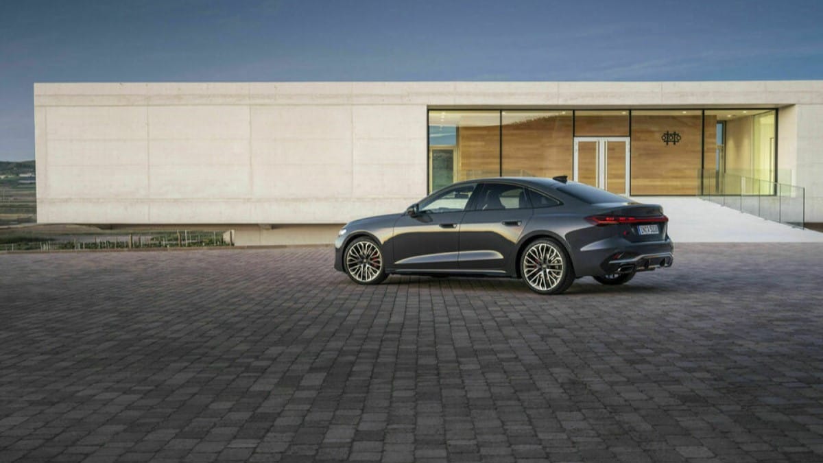 The 2025 Audi A5 seen from a rear quarter angle