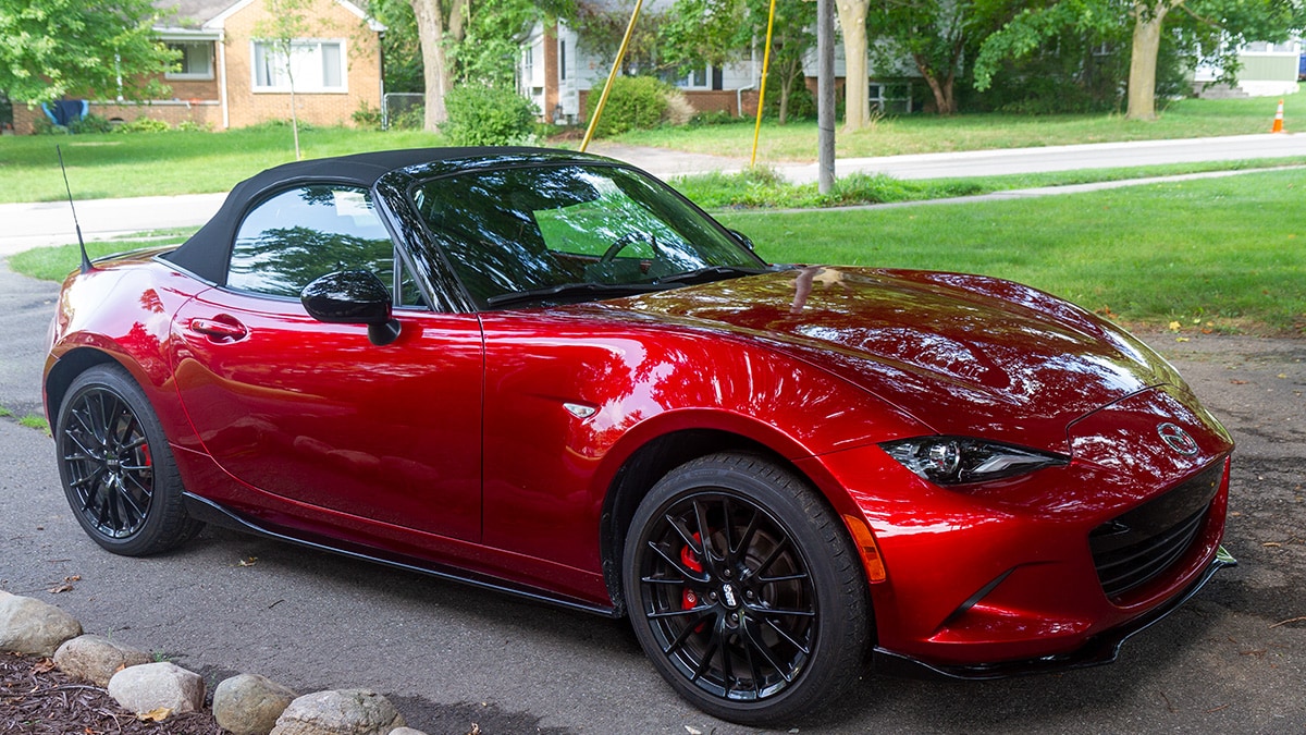 The 2024 Mazda MX-5 Miata seen from a front quarter angle