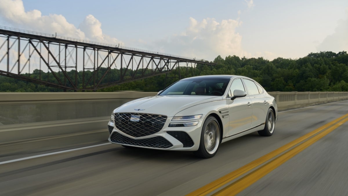 The 2025 Genesis G80 seen from a front quarter angle