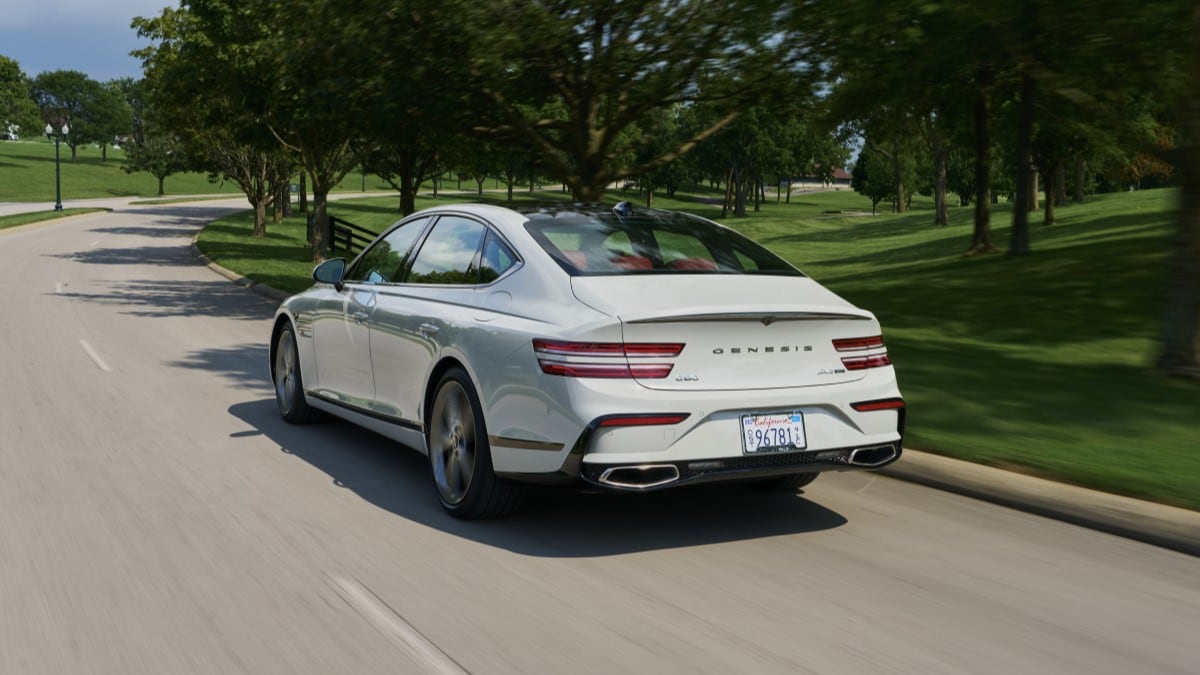 The 2025 Genesis G80 seen from a rear quarter angle