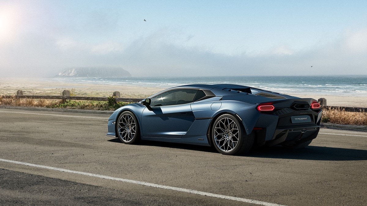 The 2025 Lamborghini Temerario seen from a rear quarter angle