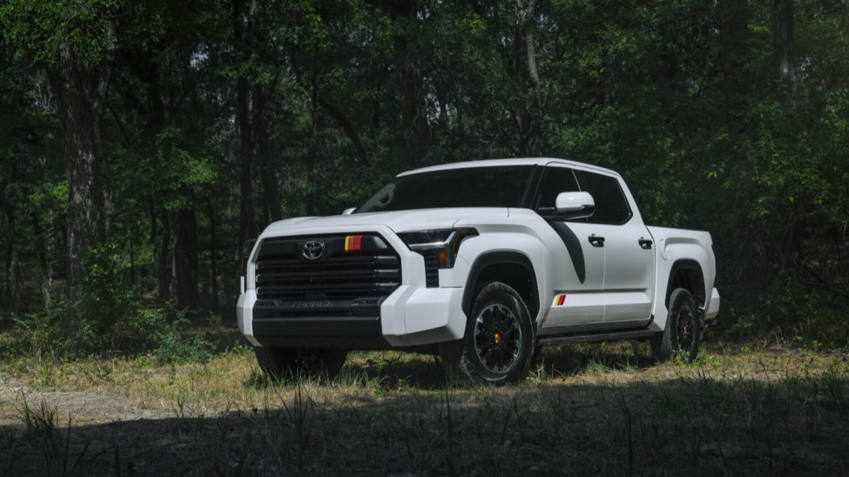 The 2025 Toyota Tundra seen from a front quarter angle with the available TRD Rally Package