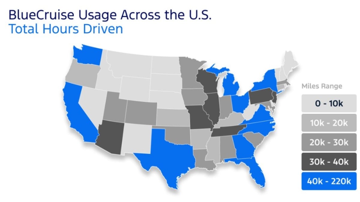 A map showing Ford BlueCruise usage by state in 2023